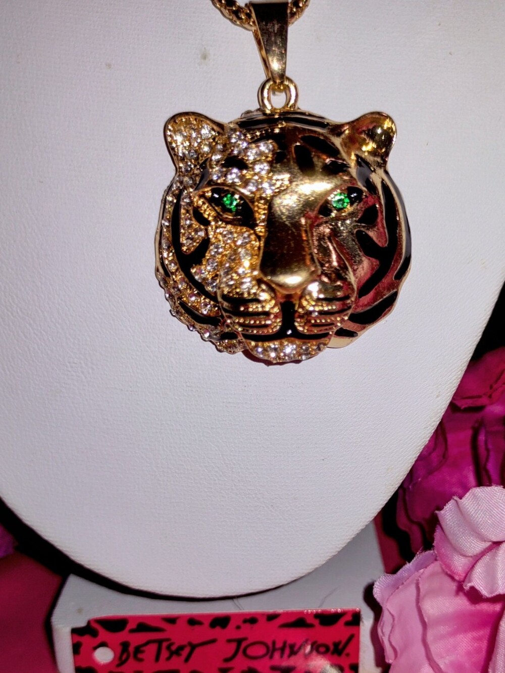 Betsey Johnson Gold Tiger Head Necklace with Green Eyes
